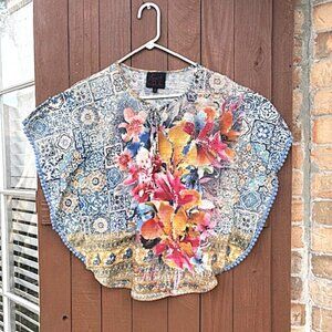 french BLUE Floral decorative top PONCHO Tie front POMPOM edging Sz S preowned